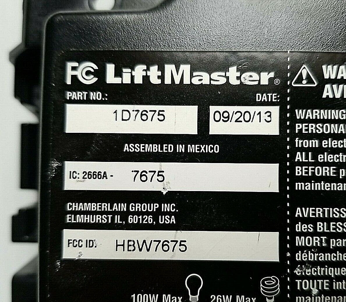 Liftmaster 1D7675 Garage Door Receiver Logic Board Yellow Learn Button