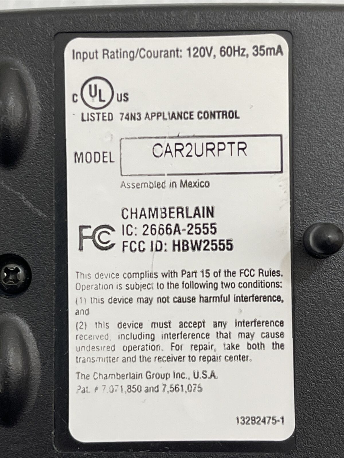 CAR2URPTR Repeater for Security+ 2.0 garage opener LiftMaster Chamberlain