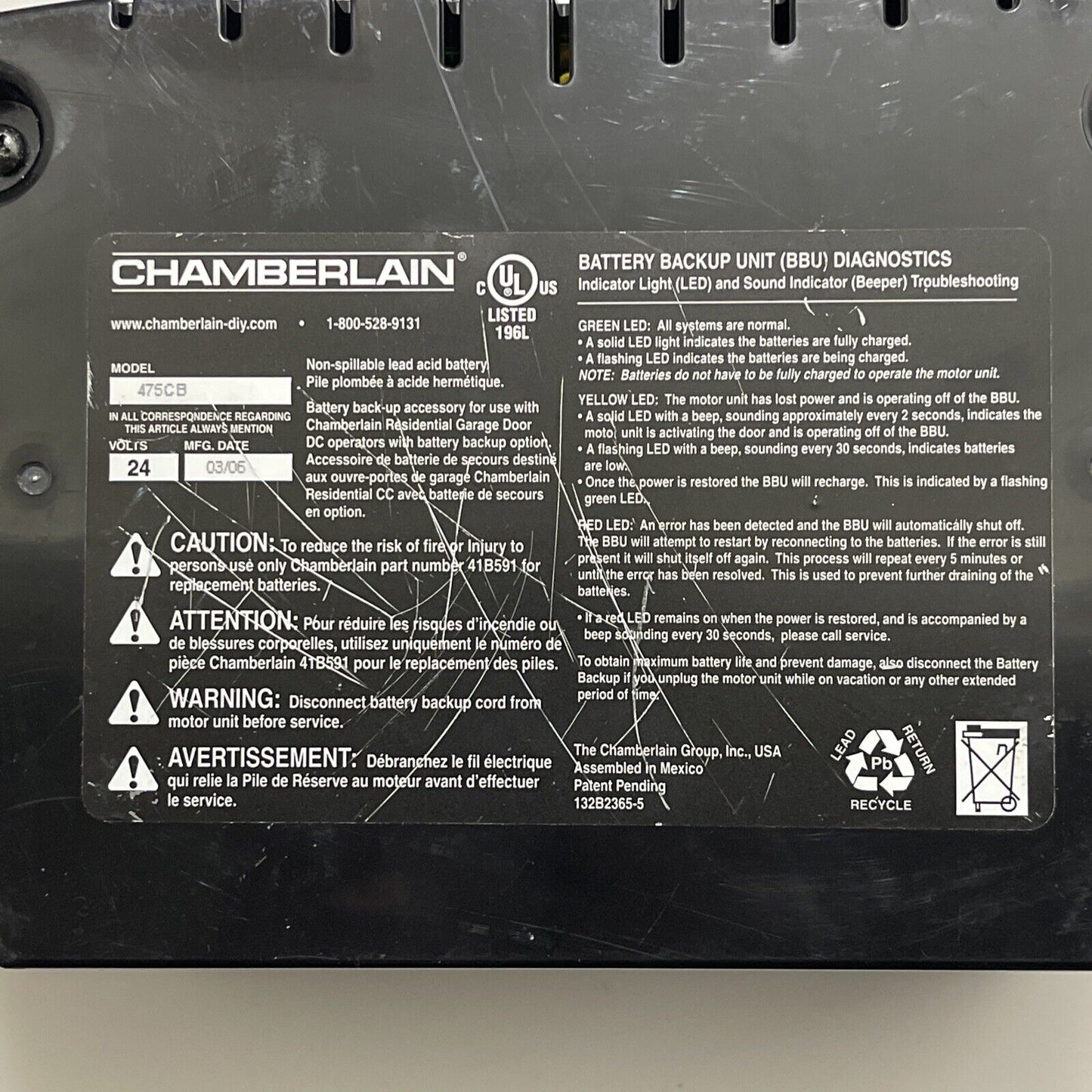 Chamberlain Liftmaster 475CB / 475LM Battery Backup Unit With 41A5726 Board