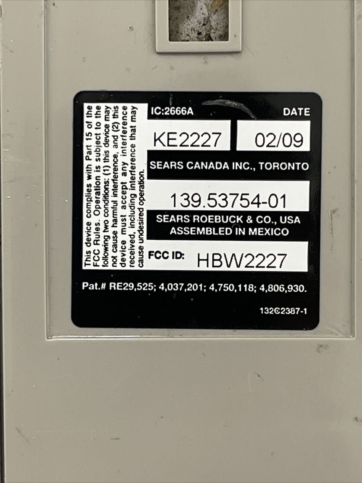 Sears Craftsman 139.53754-01 Keyless Entry Garage Door Opener Keypad 315MHz