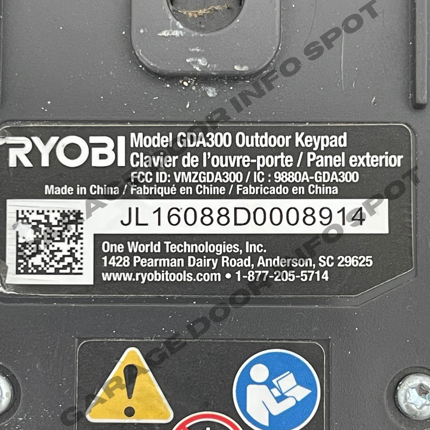 GDA300 RYOBI Garage Door Opener Outdoor Wireless Keyless Entry Keypad INCOMPLETE