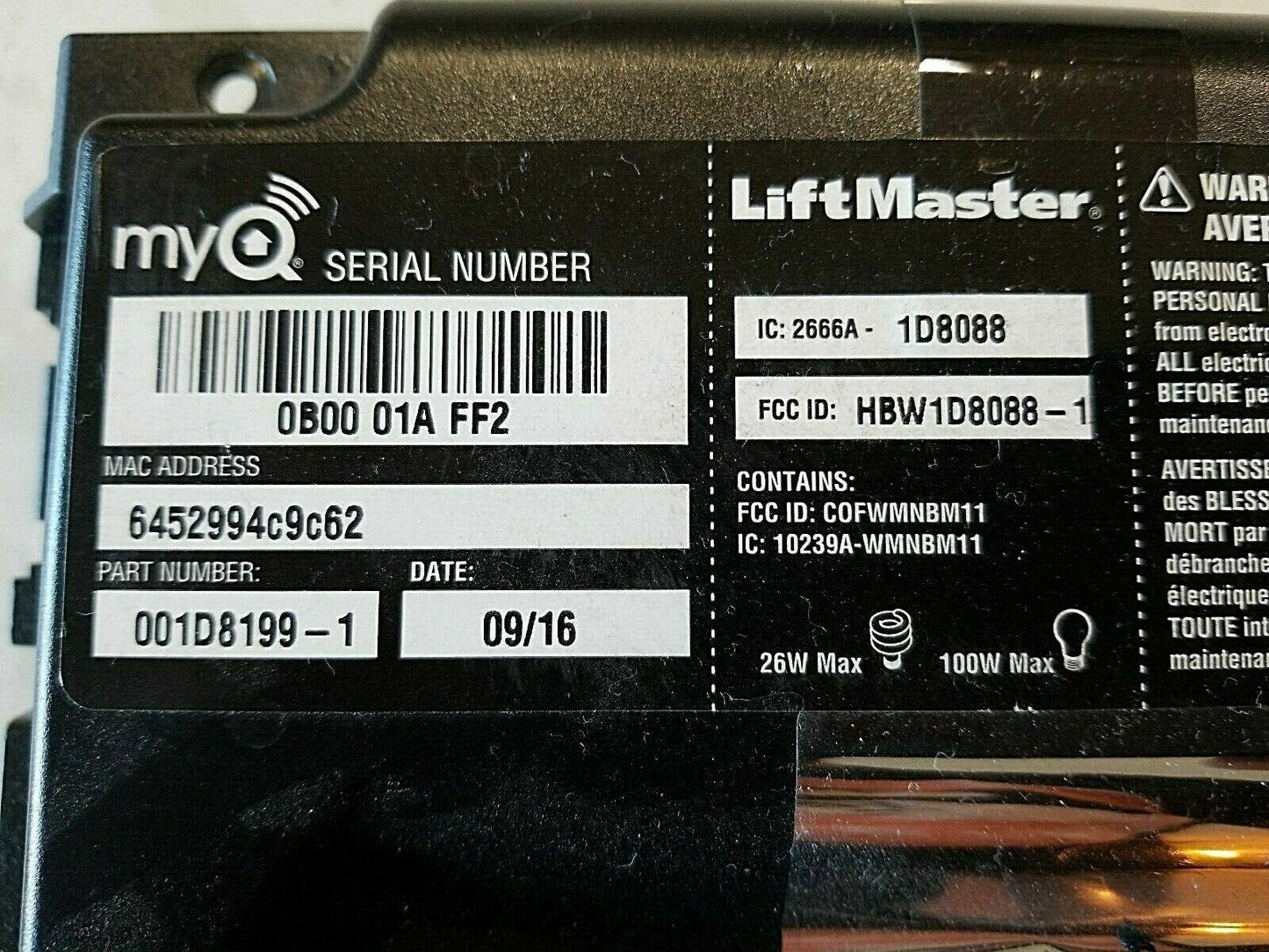 Liftmaster Chamberlain 001D8199-1 Circuit Board myQ Yellow Learn Button