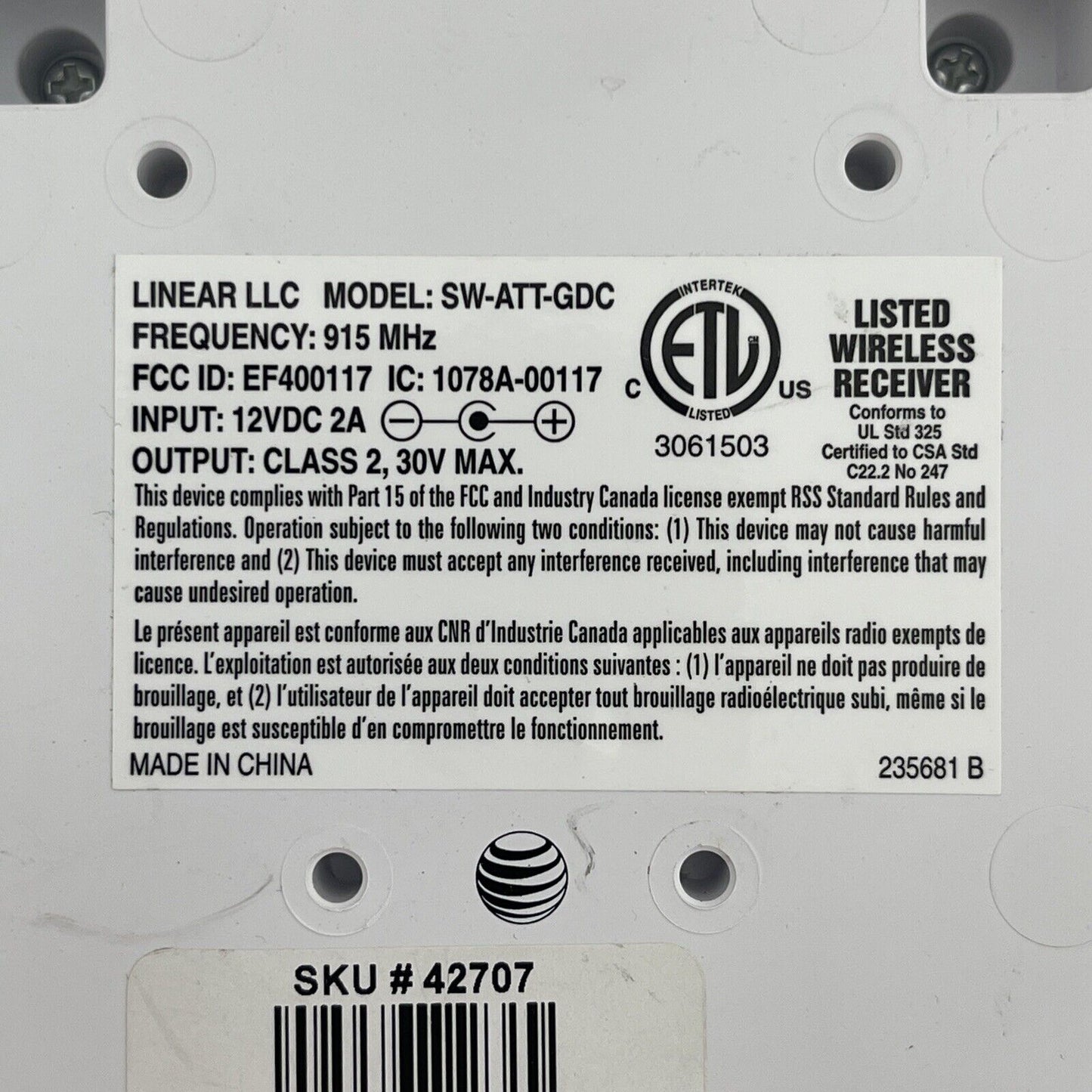 AT&T DIGITAL LIFE SYSTEMS DLS GARAGE DOOR CONTROLLER KIT SW-ATT-GDC 42707