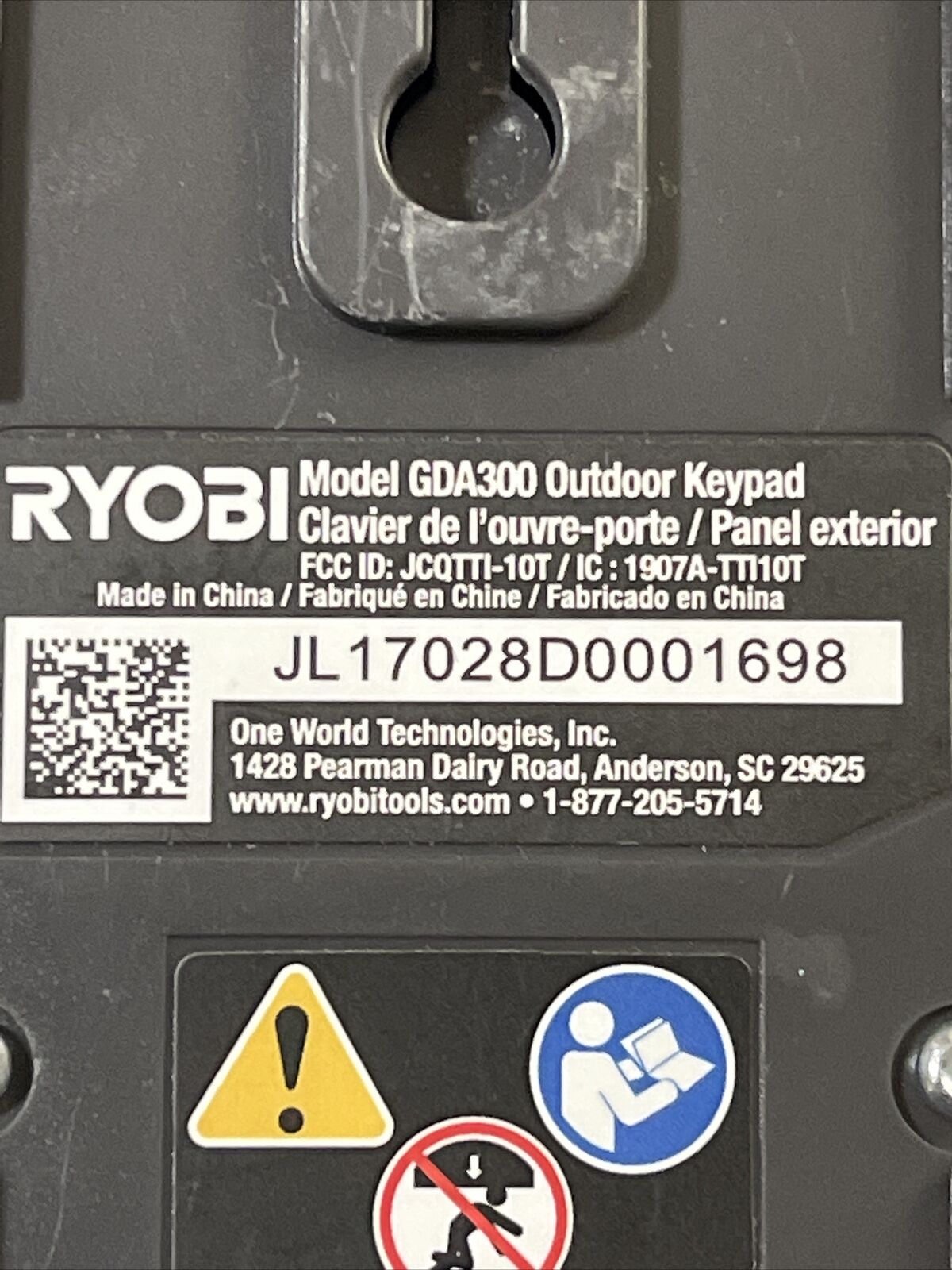 RYOBI GDA300 Garage Door Opener Outdoor Wireless Keyless Entry Keypad